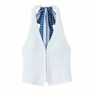 Zara White Vest with Blue Striped Bow